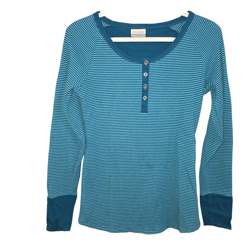 Columbia Womens Omni-Wick Striped Long Sleeve Y2K Vintafe Henley Top Blue Teal M